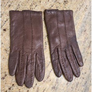 Vintage Size S 6.5 Brown Leather Acrylic Knit Lined 8" Gloves Stitching Accent